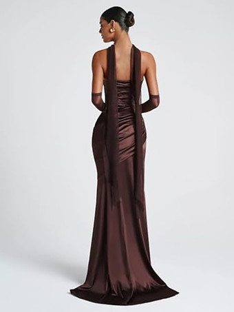 イブニングドレス ボールガウン デザインネックライン 伸縮性のあるシルク風サテン トレーン付き プリーツ フォーマルパーティードレス