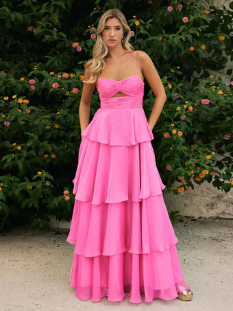 プロムドレス Aラインデザイン ネックライン シフォン ノースリーブ ティアード ウェディングゲストドレス