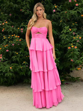 ホットピンクプロムドレス Aラインデザイン ネックライン シフォン ノースリーブ ティアード ウェディングゲストドレス