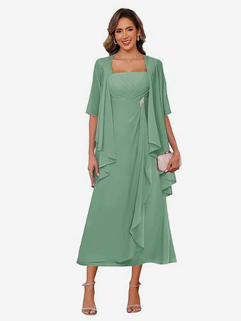 セージグリーンブライダルマザードレス スクエアネック ハーフスリーブ ツーピース プリーツゲストドレス 結婚式用