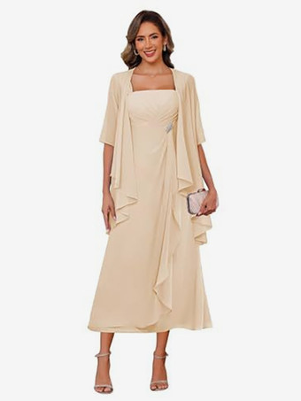 シャンパンブライダルマザードレス スクエアネック ハーフスリーブ ツーピース プリーツゲストドレス 結婚式用