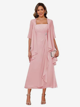 カメオピンクブライダルマザードレス スクエアネック ハーフスリーブ ツーピース プリーツゲストドレス 結婚式用