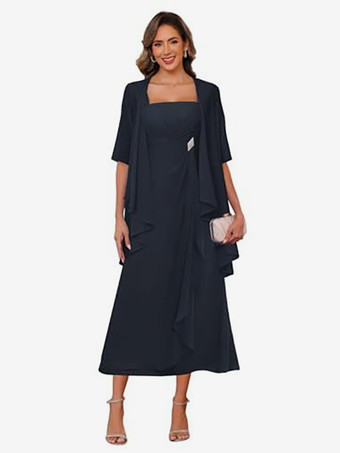 ダークネイビーブライダルマザードレス スクエアネック ハーフスリーブ ツーピース プリーツゲストドレス 結婚式用