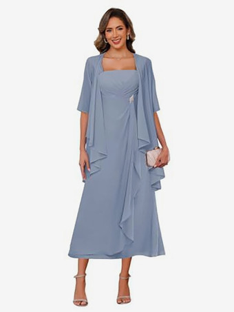 スレートグレー ブライダルマザードレス スクエアネック ハーフスリーブ ツーピース プリーツゲストドレス 結婚式用