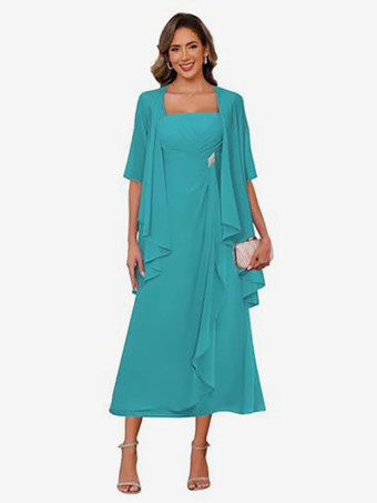 ターコイズグリーンブライダルマザードレス スクエアネック ハーフスリーブ ツーピース プリーツゲストドレス 結婚式用