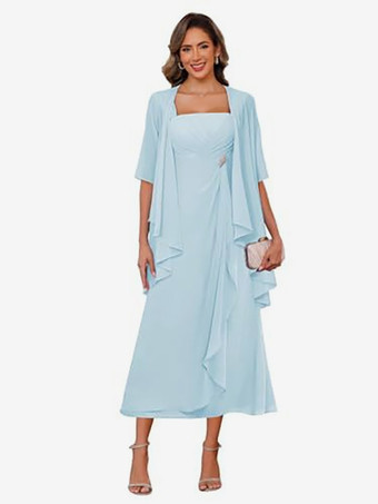 ベビーブルーブライダルマザードレス スクエアネック ハーフスリーブ ツーピース プリーツゲストドレス 結婚式用