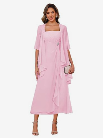 ソフトピンクブライダルマザードレス スクエアネック ハーフスリーブ ツーピース プリーツゲストドレス 結婚式用