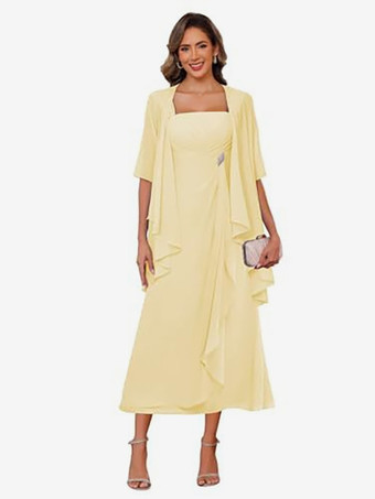 スイセン色ブライダルマザードレス スクエアネック ハーフスリーブ ツーピース プリーツゲストドレス 結婚式用