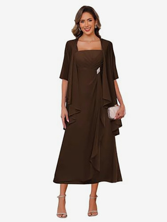 チョコレートブライダルマザードレス スクエアネック ハーフスリーブ ツーピース プリーツゲストドレス 結婚式用