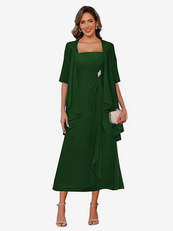 ダークグリーンブライダルマザードレス スクエアネック ハーフスリーブ ツーピース プリーツゲストドレス 結婚式用