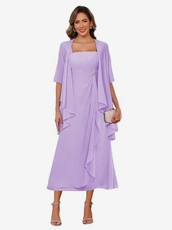 ライラックブライダルマザードレス スクエアネック ハーフスリーブ ツーピース プリーツゲストドレス 結婚式用