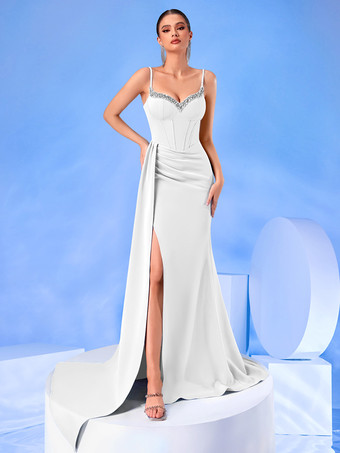 Abendkleid Ballkleid aufwendig gestalteter Ausschnitt mit Schleppe ärmellos Reißverschluss Schlitz vorne Satin formelles Partykleid