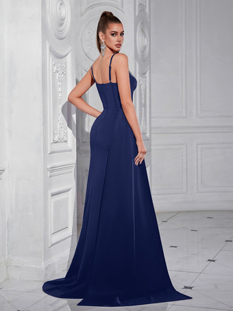 Abendkleid Ballkleid aufwendig gestalteter Ausschnitt mit Schleppe ärmellos Reißverschluss Schlitz vorne Satin formelles Partykleid