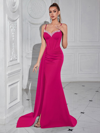 Abendkleid Ballkleid aufwendig gestalteter Ausschnitt mit Schleppe ärmellos Reißverschluss Schlitz vorne Satin formelles Partykleid