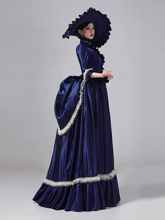 ブルー ブルーのバスル ビクトリアンドレス フレアスリーブ ポリエステル ボール マキシ レトロドレス 帽子付き