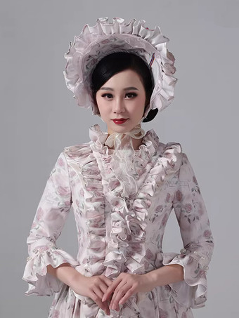 バッスルビクトリアドレス 花柄 田舎風 エレガント 長袖 舞踏会 マキシ丈 レトロドレス 帽子付き