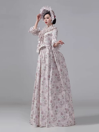 バッスルビクトリアドレス 花柄 田舎風 エレガント 長袖 舞踏会 マキシ丈 レトロドレス 帽子付き