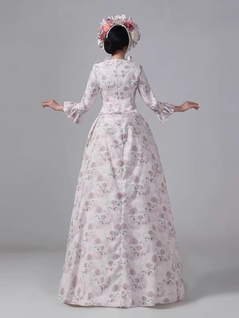 バッスルビクトリアドレス 花柄 田舎風 エレガント 長袖 舞踏会 マキシ丈 レトロドレス 帽子付き