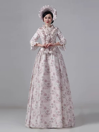 バッスルビクトリアドレス 花柄 田舎風 エレガント 長袖 舞踏会 マキシ丈 レトロドレス 帽子付き