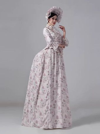 シャンパンカラーバッスルビクトリアドレス 花柄 田舎風 エレガント 長袖 舞踏会 マキシ丈 レトロドレス 帽子付き