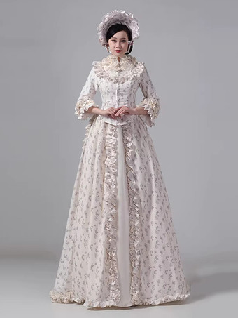 シャンパン バッスル ビクトリアン ドレス 花柄 長袖 カントリーサイド ポリエステル マキシ丈 レトロ ドレス 帽子付き