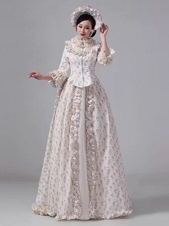 シャンパン バッスル ビクトリアン ドレス 花柄 長袖 カントリーサイド ポリエステル マキシ丈 レトロ ドレス 帽子付き