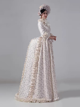 シャンパン バッスル ビクトリアン ドレス 花柄 長袖 カントリーサイド ポリエステル マキシ丈 レトロ ドレス 帽子付き