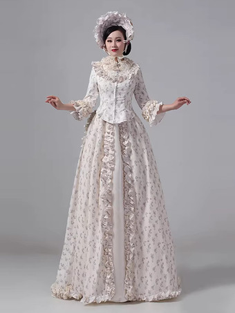 シャンパンカラーシャンパン バッスル ビクトリアン ドレス 花柄 長袖 カントリーサイド ポリエステル マキシ丈 レトロ ドレス 帽子付き