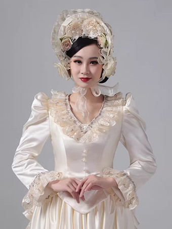 シャンパン バッスル ビクトリアン ドレス ロングスリーブ レース フリル フレアスリーブ レトロドレス 帽子付き