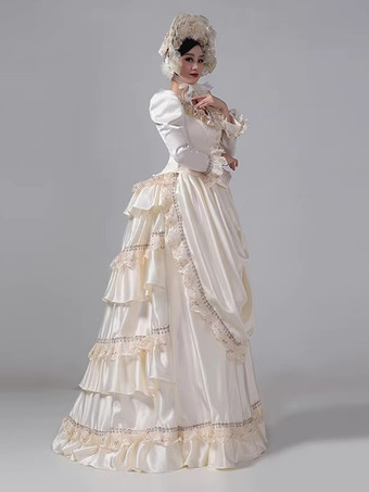 シャンパン バッスル ビクトリアン ドレス ロングスリーブ レース フリル フレアスリーブ レトロドレス 帽子付き