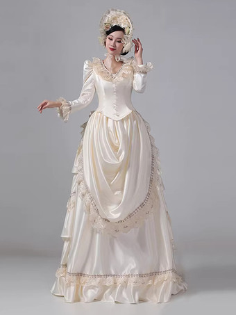 シャンパン バッスル ビクトリアン ドレス ロングスリーブ レース フリル フレアスリーブ レトロドレス 帽子付き
