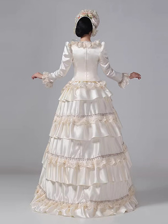 シャンパン バッスル ビクトリアン ドレス ロングスリーブ レース フリル フレアスリーブ レトロドレス 帽子付き