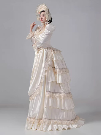 シャンパン バッスル ビクトリアン ドレス ロングスリーブ レース フリル フレアスリーブ レトロドレス 帽子付き
