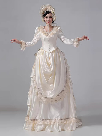シャンパンカラーシャンパン バッスル ビクトリアン ドレス ロングスリーブ レース フリル フレアスリーブ レトロドレス 帽子付き