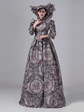 グレーのバスル付きビクトリアンドレス、長袖、花柄、ボールマキシ丈、帽子付きレトロドレス