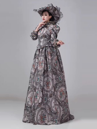 グレーのバスル付きビクトリアンドレス、長袖、花柄、ボールマキシ丈、帽子付きレトロドレス