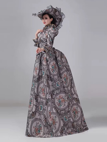 グレーのバスル付きビクトリアンドレス、長袖、花柄、ボールマキシ丈、帽子付きレトロドレス