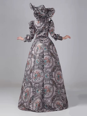 グレーのバスル付きビクトリアンドレス、長袖、花柄、ボールマキシ丈、帽子付きレトロドレス