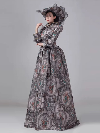 グレーのバスル付きビクトリアンドレス、長袖、花柄、ボールマキシ丈、帽子付きレトロドレス