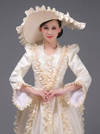 シャンパン バッスル ヴィクトリアン ドレス パッド入り ショルダー 長袖 ポリエステル エレガント ボール レトロ ドレス 帽子付き
