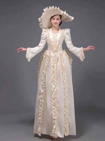 シャンパン バッスル ヴィクトリアン ドレス パッド入り ショルダー 長袖 ポリエステル エレガント ボール レトロ ドレス 帽子付き