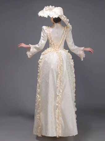 シャンパン バッスル ヴィクトリアン ドレス パッド入り ショルダー 長袖 ポリエステル エレガント ボール レトロ ドレス 帽子付き