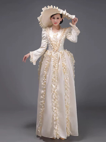 シャンパンカラーシャンパン バッスル ヴィクトリアン ドレス パッド入り ショルダー 長袖 ポリエステル エレガント ボール レトロ ドレス 帽子付き