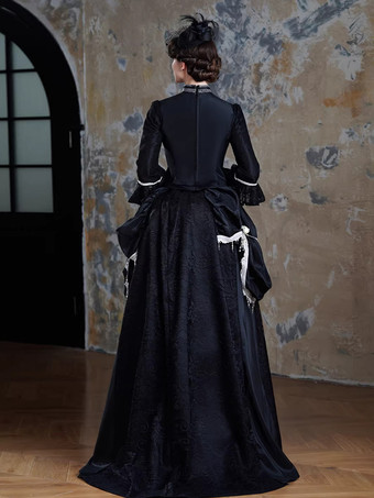 ブラックのバスルビクトリアドレス、ロングフレアドレス、マスク、ヘッドウェア、グローブ付き、レトロドレスセット