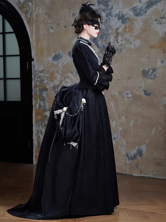 ブラックのバスルビクトリアドレス、ロングフレアドレス、マスク、ヘッドウェア、グローブ付き、レトロドレスセット