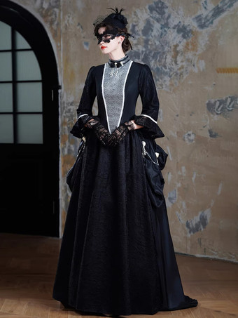 ブラックのバスルビクトリアドレス、ロングフレアドレス、マスク、ヘッドウェア、グローブ付き、レトロドレスセット