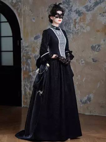 Black Bustle Victorian Dress Long Flare Dress with Mask Headwear Gloves Retro Dress Set