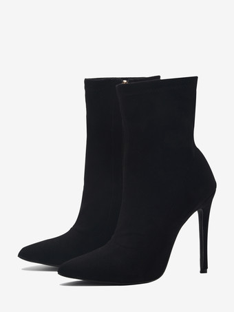 ブラック レディース アンクルブーツ ポインテッドトゥ ハイヒール ジップアップ 伸縮性ブーティ