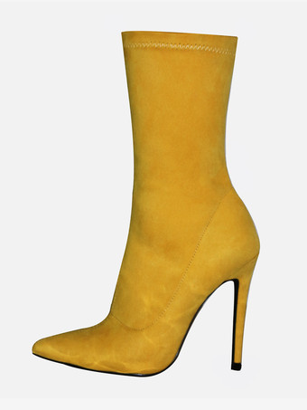 イエローレディース アンクルブーツ ポインテッドトゥ ハイヒール ジップアップ 伸縮性ブーティ