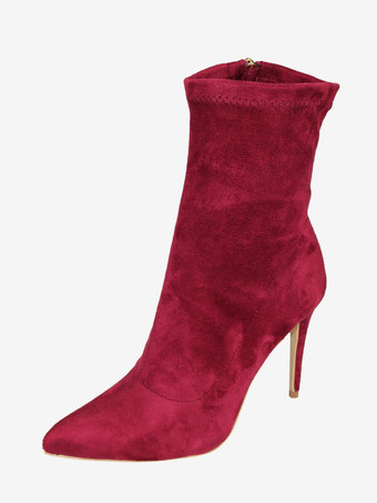 バーガンディーレディース アンクルブーツ ポインテッドトゥ ハイヒール ジップアップ 伸縮性ブーティ